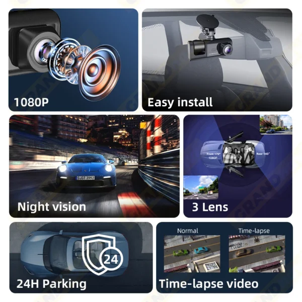 Dashcam - Camera de surveillance 3 vues HD + wifi Avant, Interieur & Arriere – Image 3
