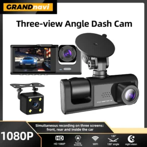 Dashcam - Camera de surveillance 3 vues HD + wifi Avant, Interieur & Arriere