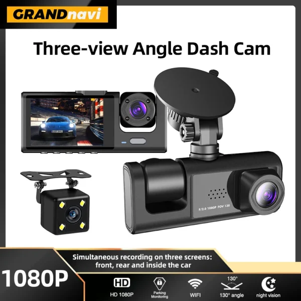Dashcam - Camera de surveillance 3 vues HD + wifi Avant, Interieur & Arriere